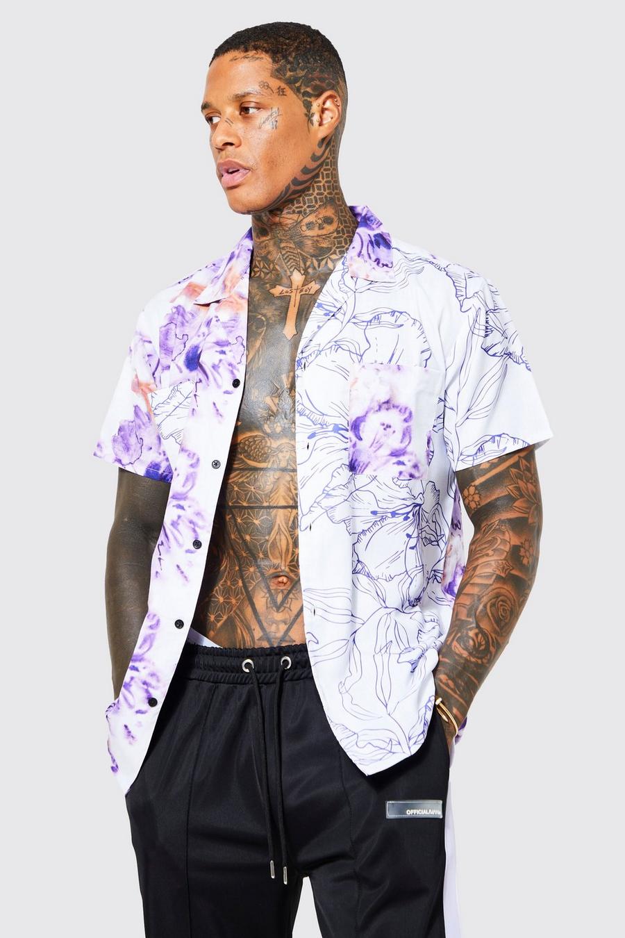 Purple violett Short Sleeve Floral Spliced Revere Shirt image number 1