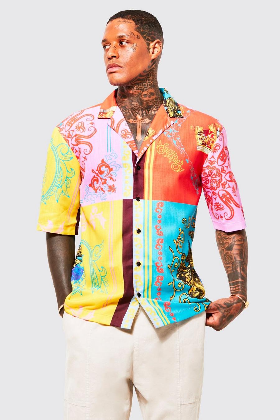 Camiseta de manga corta con colores en bloque y estampado barroco, Multi multicolor image number 1