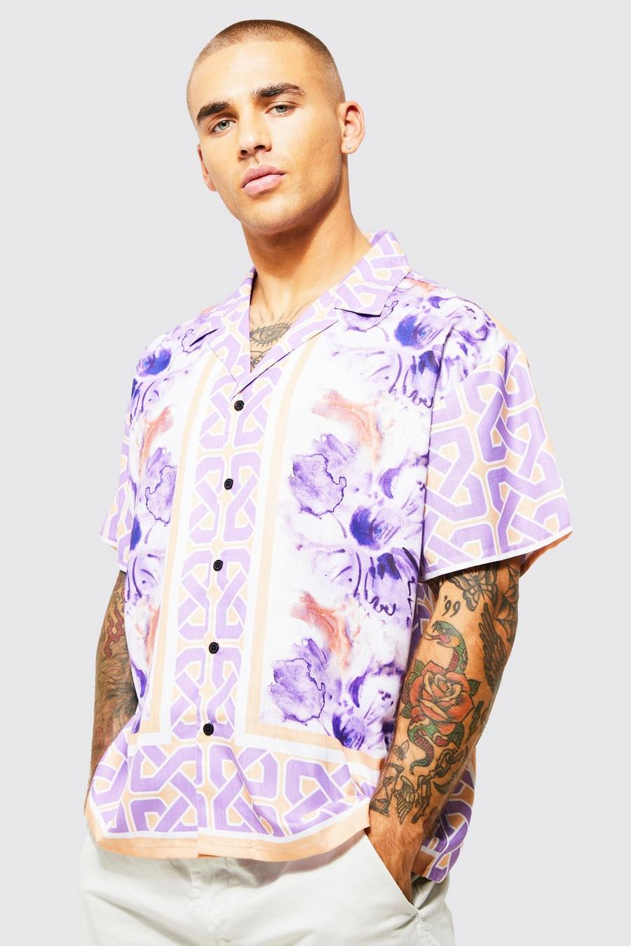 Purple Short Sleeve Boxy Floral Revere Shirt image number 1