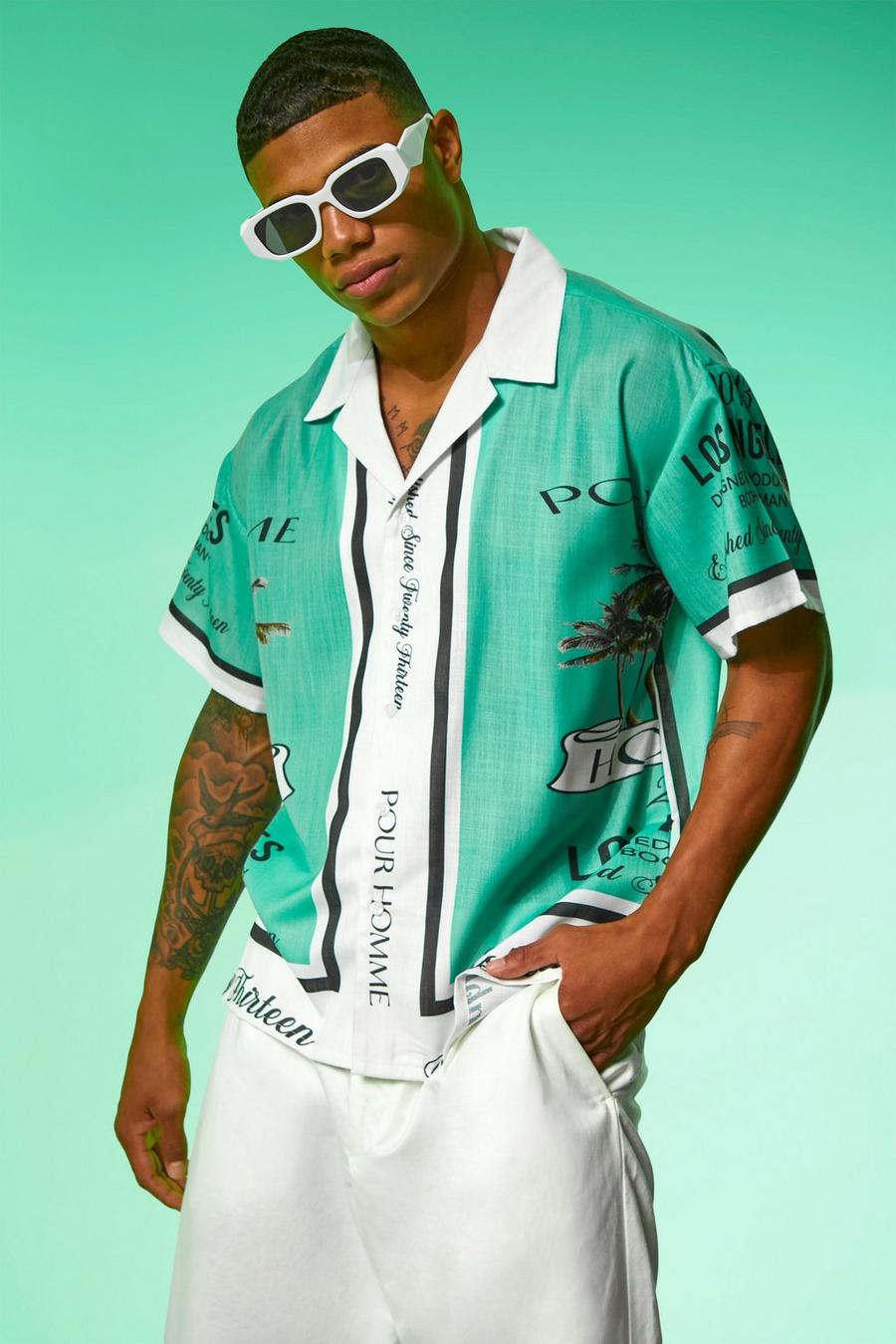 Camisa de manga corta recta con estampado Pour Homme, Green verde image number 1