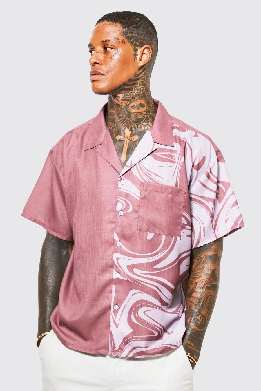 Chocolate brown Short Sleeve Boxy Marble Spliced Shirt image number 1