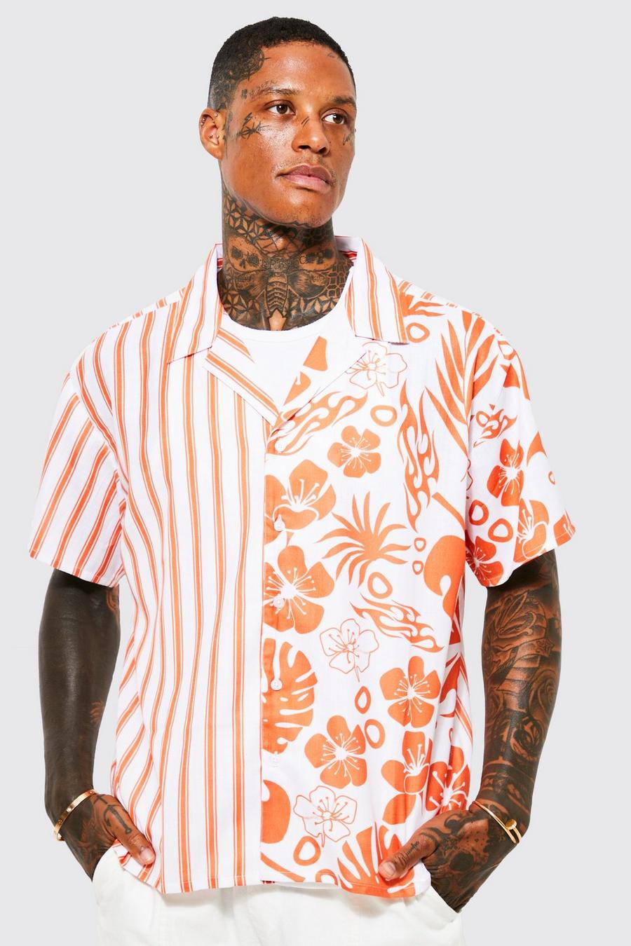 Kurzärmliges gespleißtes kastiges Hemd mit Blumenmuster, Orange