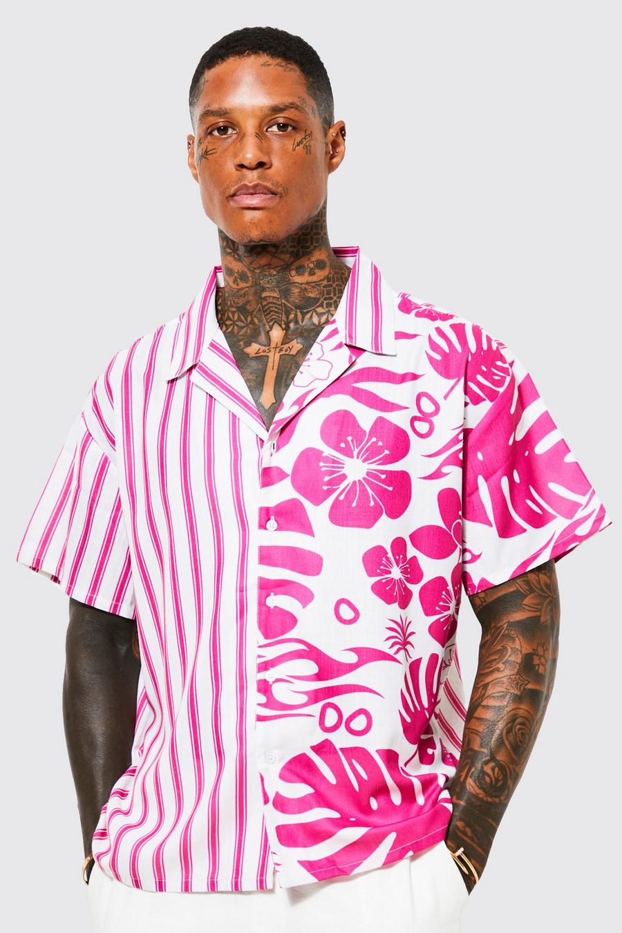 Camisa de manga corta recta dividida con estampado de flores, Pink rosa