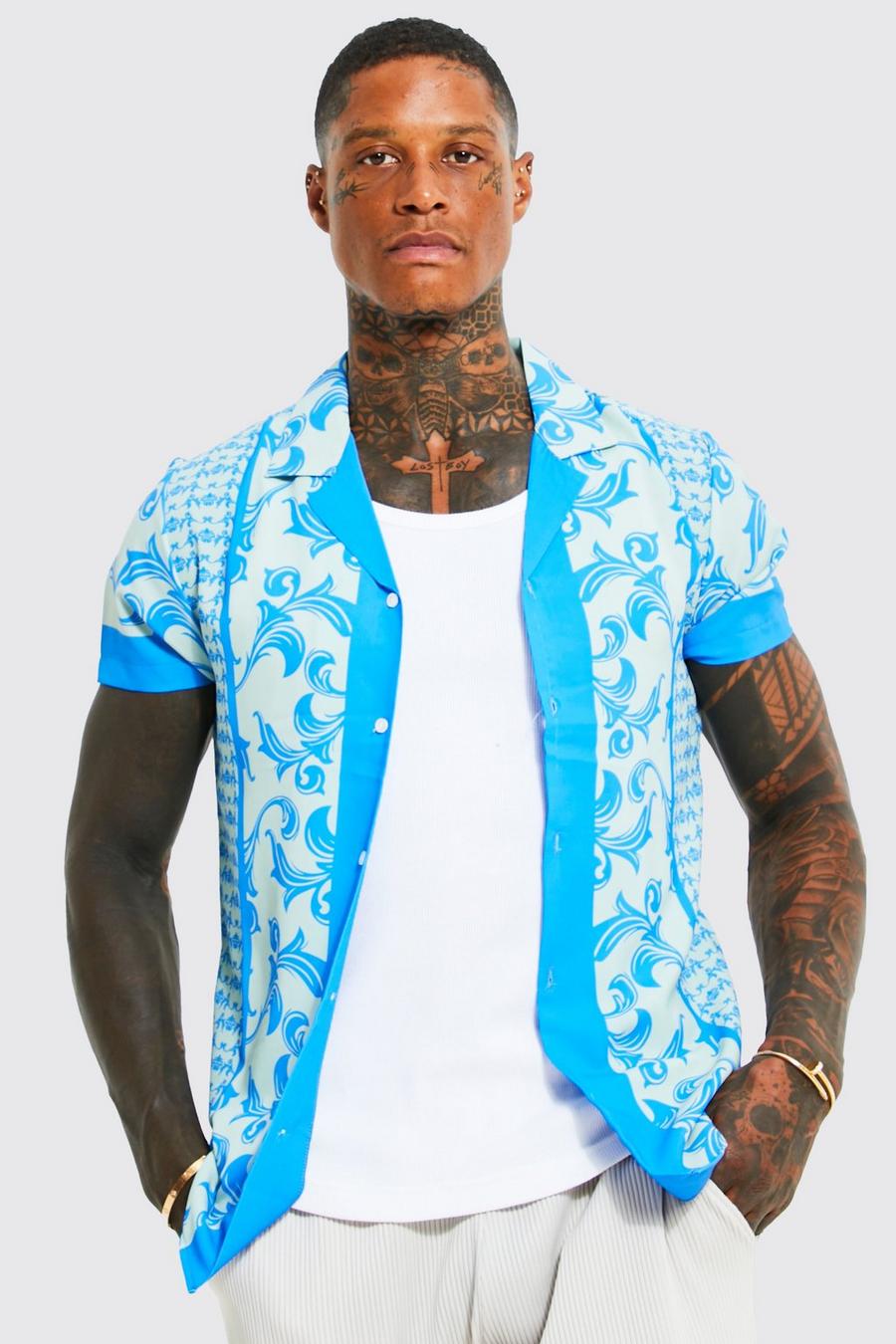 Blue Short Sleeve Muscle Fit Baroque Revere Shirt image number 1