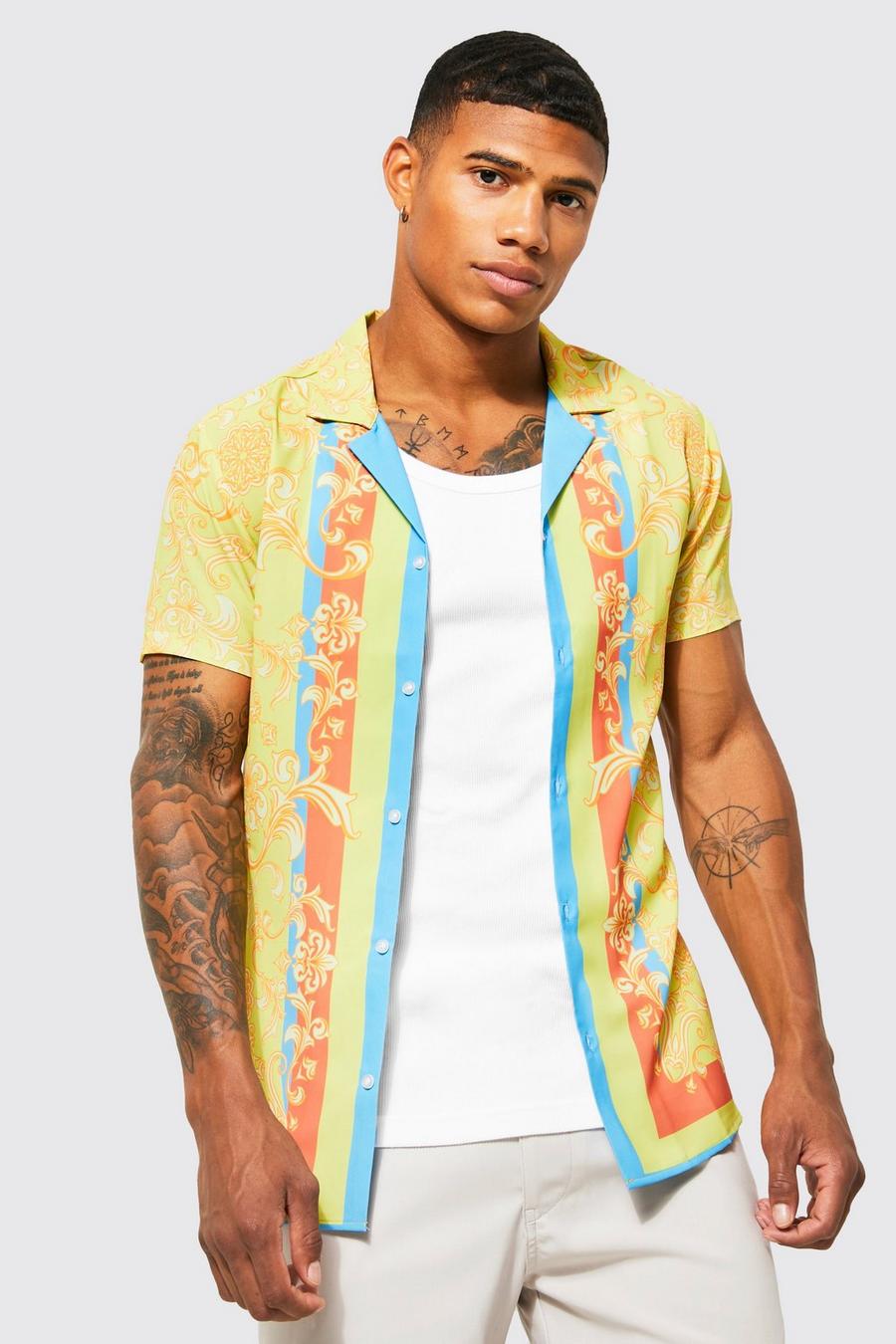 Short Sleeve Muscle Fit Baroque Revere Shirt, Yellow image number 1