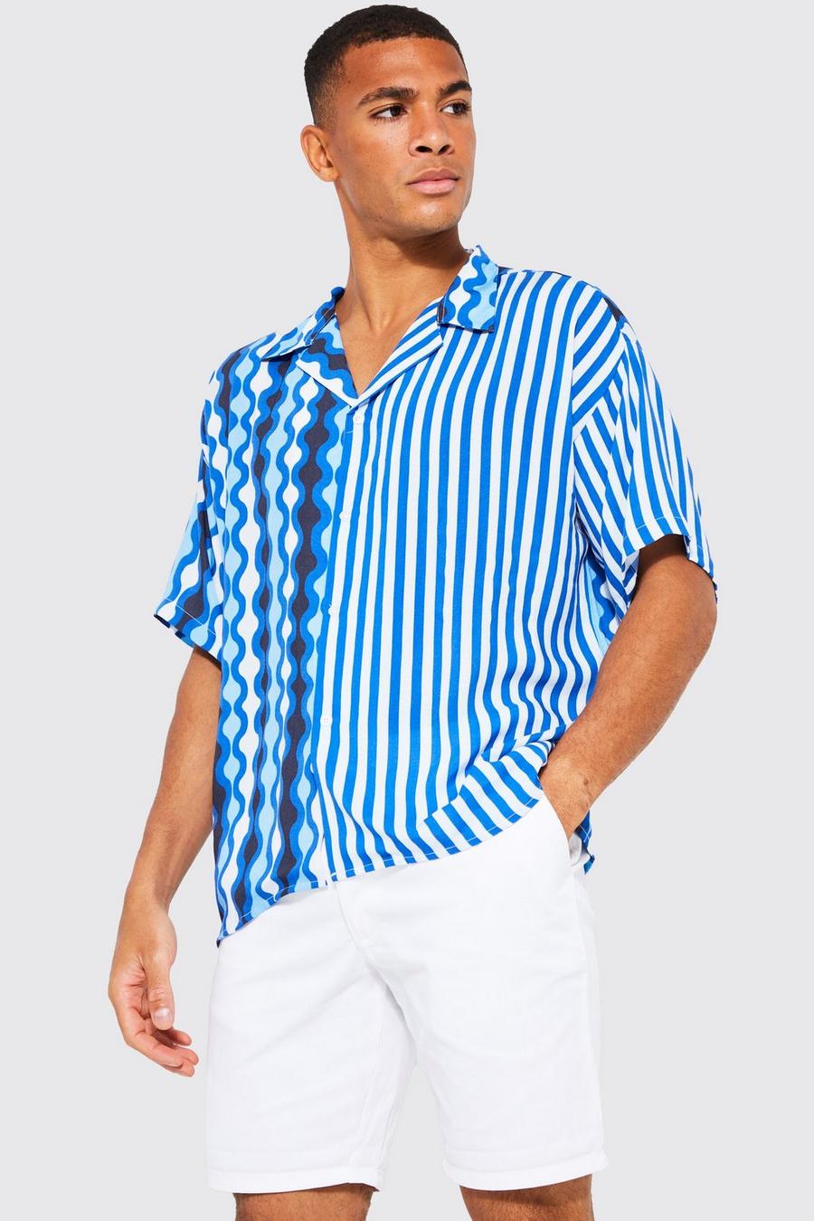 Blue Short Sleeve Boxy Striped Spliced Shirt image number 1