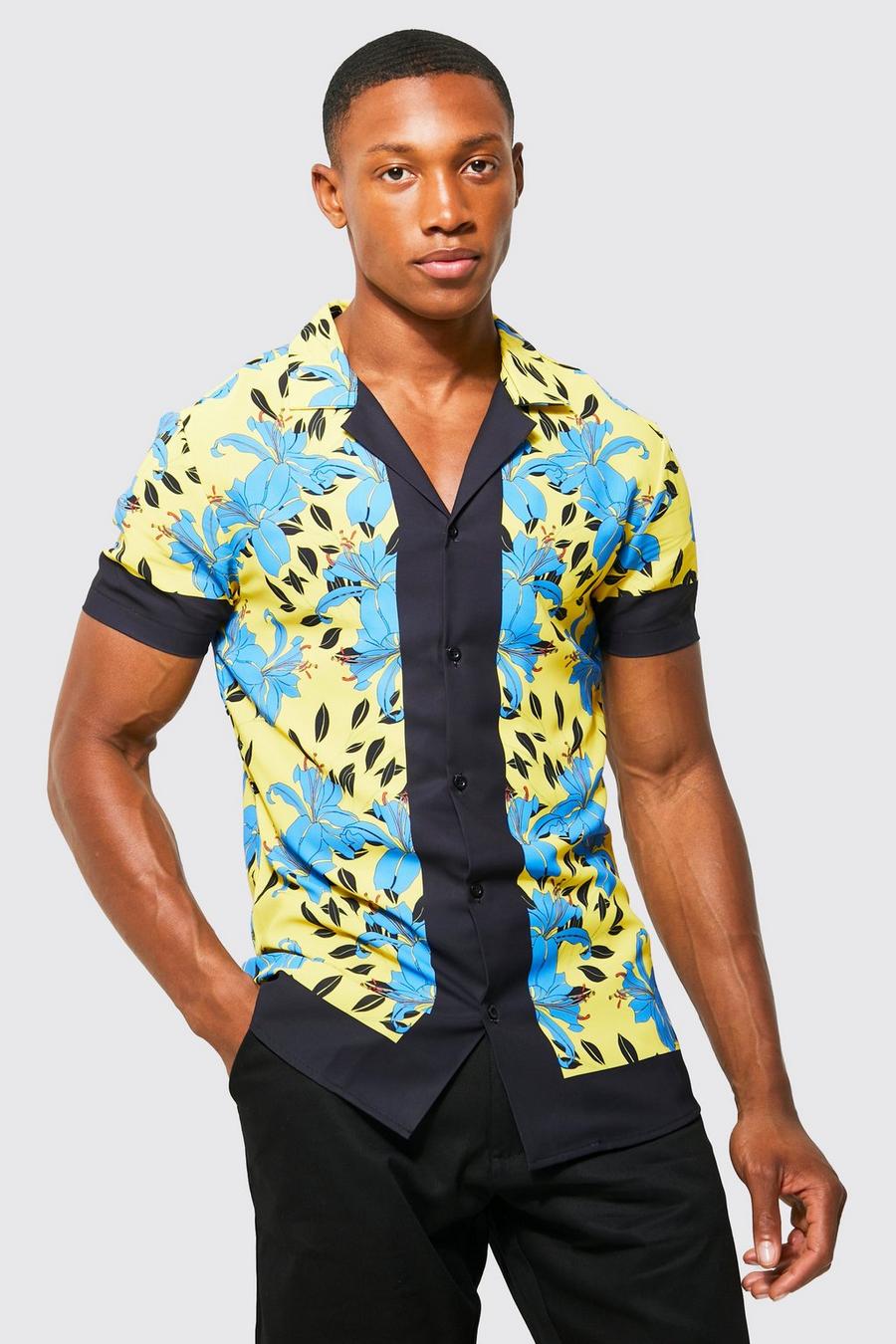 Yellow Short Sleeve Muscle Fit Floral Shirt image number 1