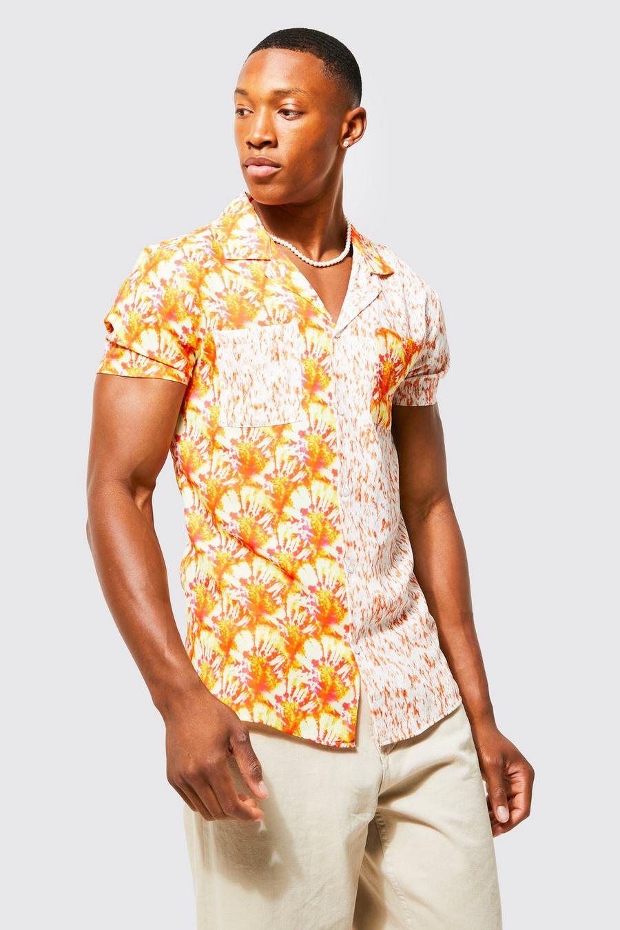 Camicia attillata a maniche corte con stampa astratta effetto patchwork, Multi multicolor image number 1