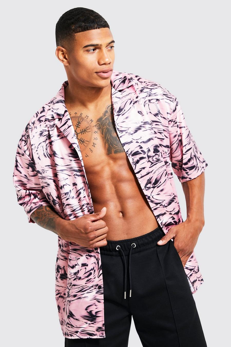 Kurzärmliges kastiges Oversize Hemd mit abstraktem Print, Pink image number 1