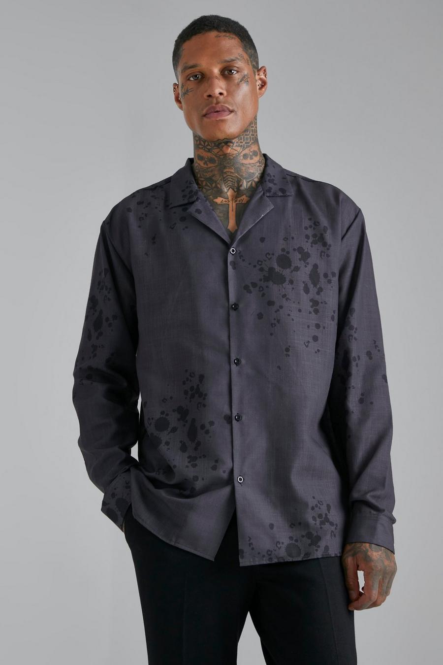 Black noir Oversized Overhemd Met Lange Mouwen En Verfspetters