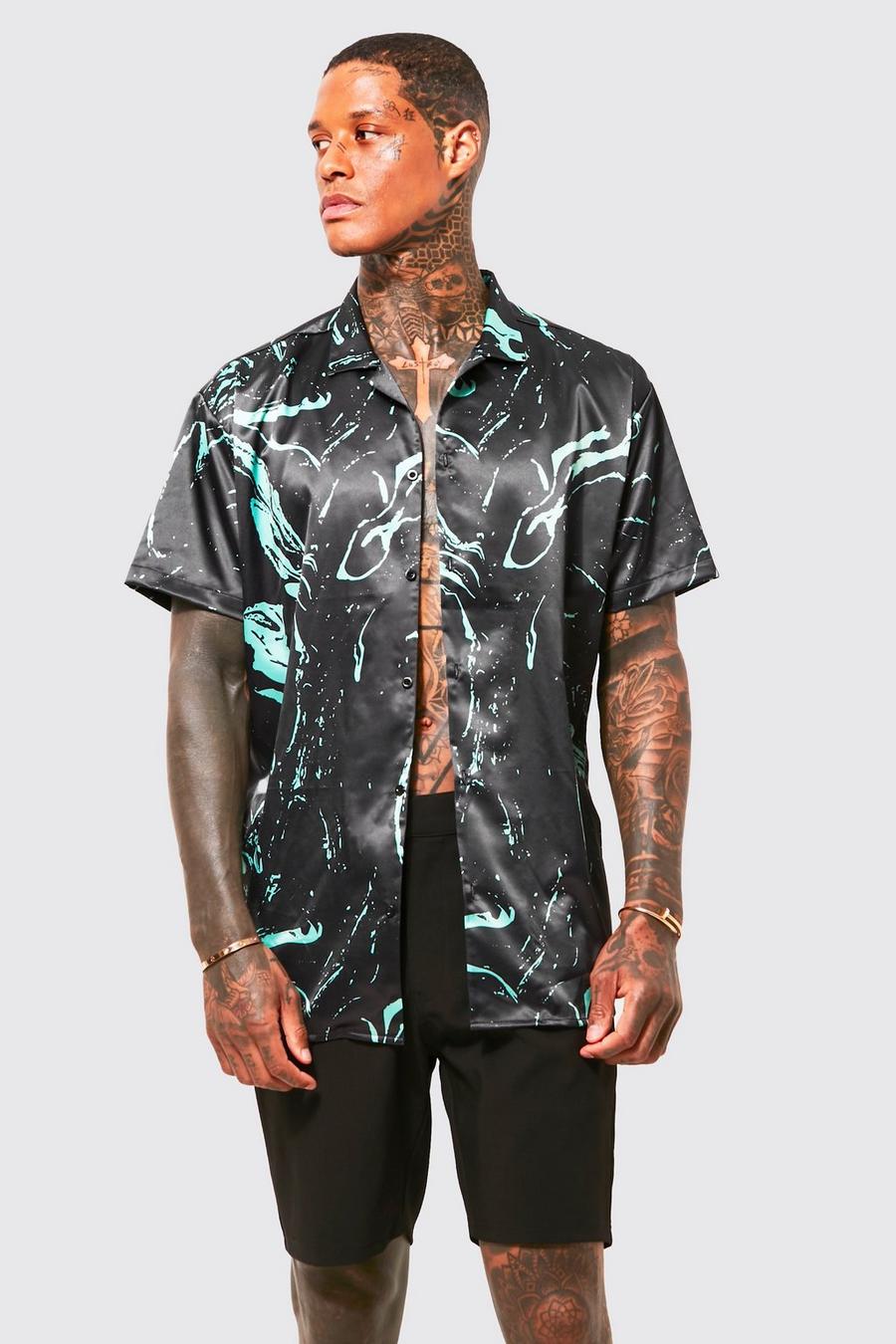 Black Short Sleeve Satin Oversized  Marble Shirt image number 1