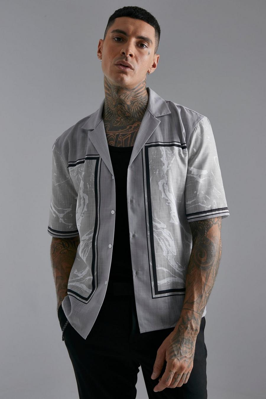 Grey gris Short Sleeve Dropped Revere Marble Shirt