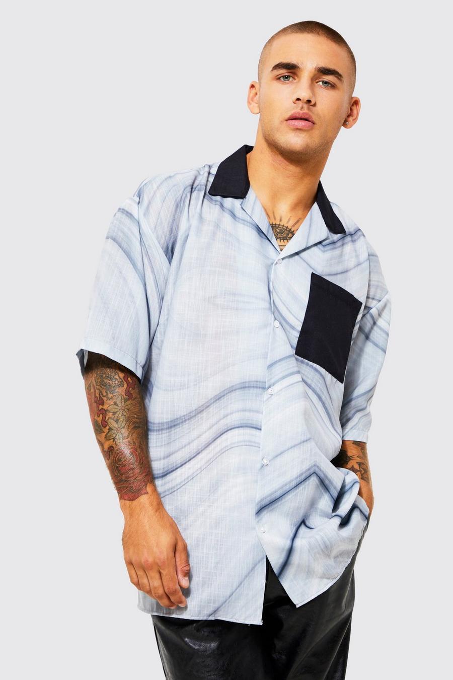 Camisa oversize recta de manga corta con estampado efecto mármol, Grey grigio