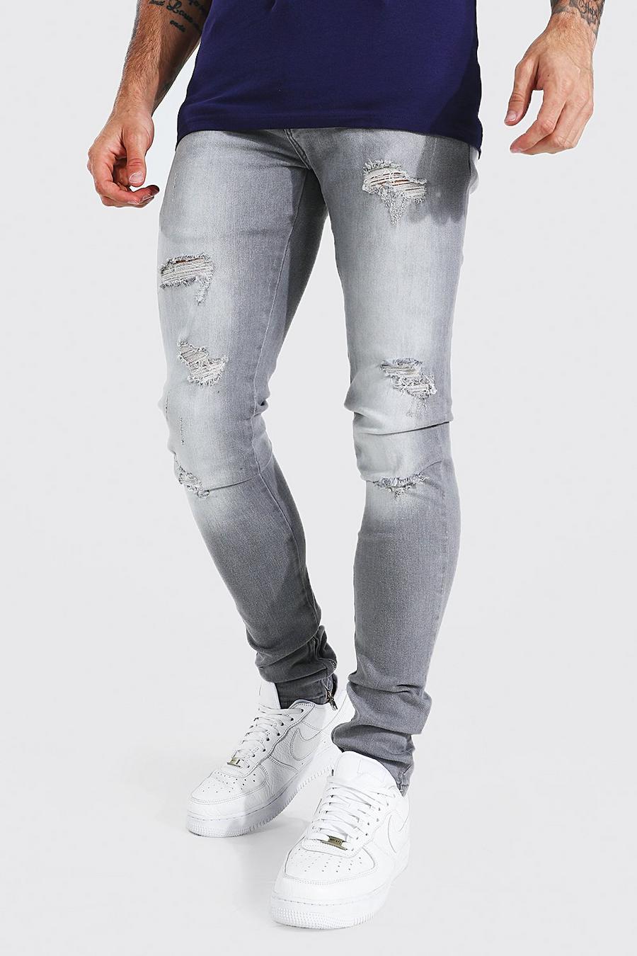 Ice grey Skinny Stretch Stacked All Over Slash Jeans image number 1