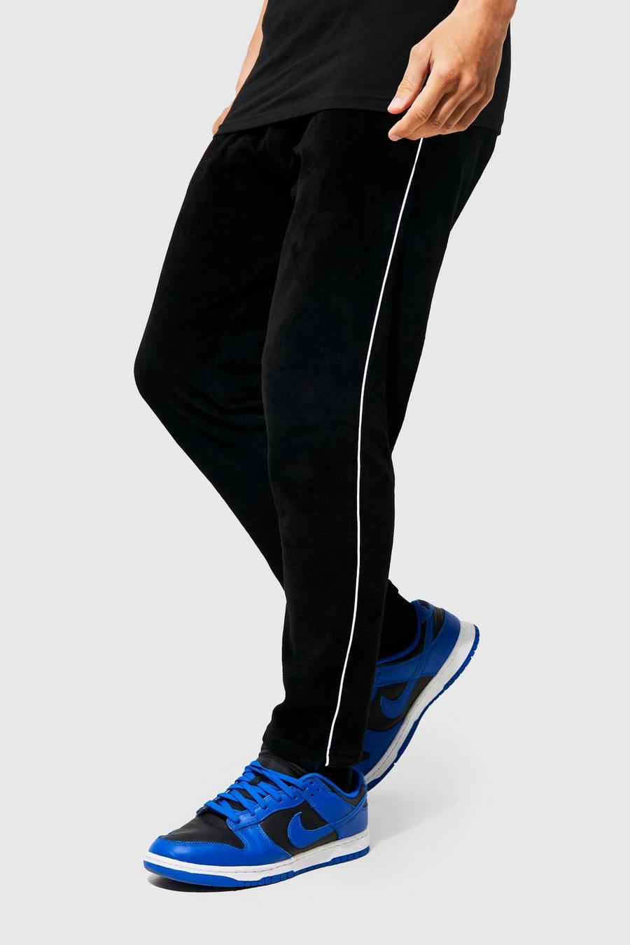 Black Slim Fit Cropped Velour Piping Jogger image number 1