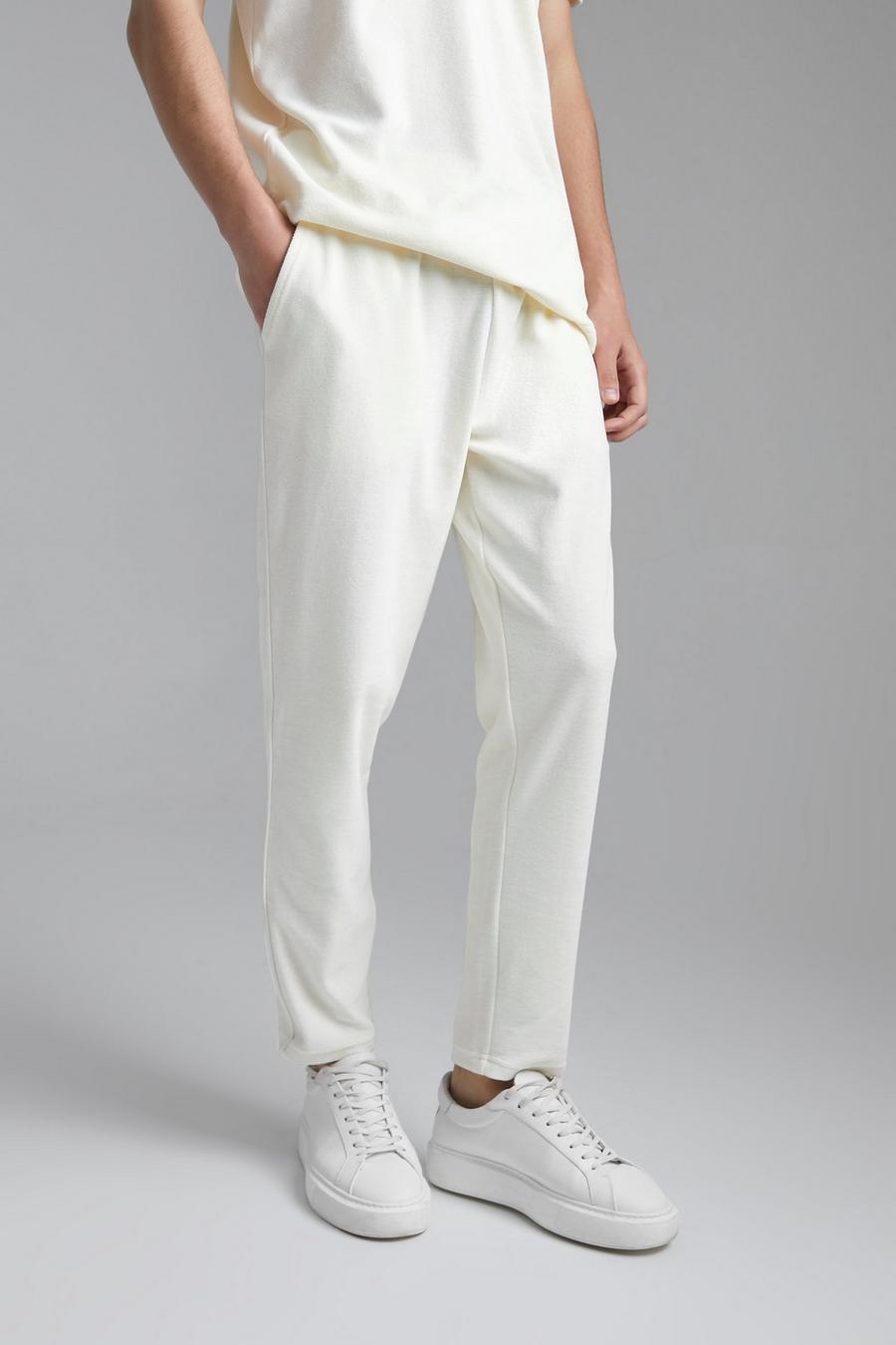 Ecru white Slim Fit Cropped Velour Piping Jogger