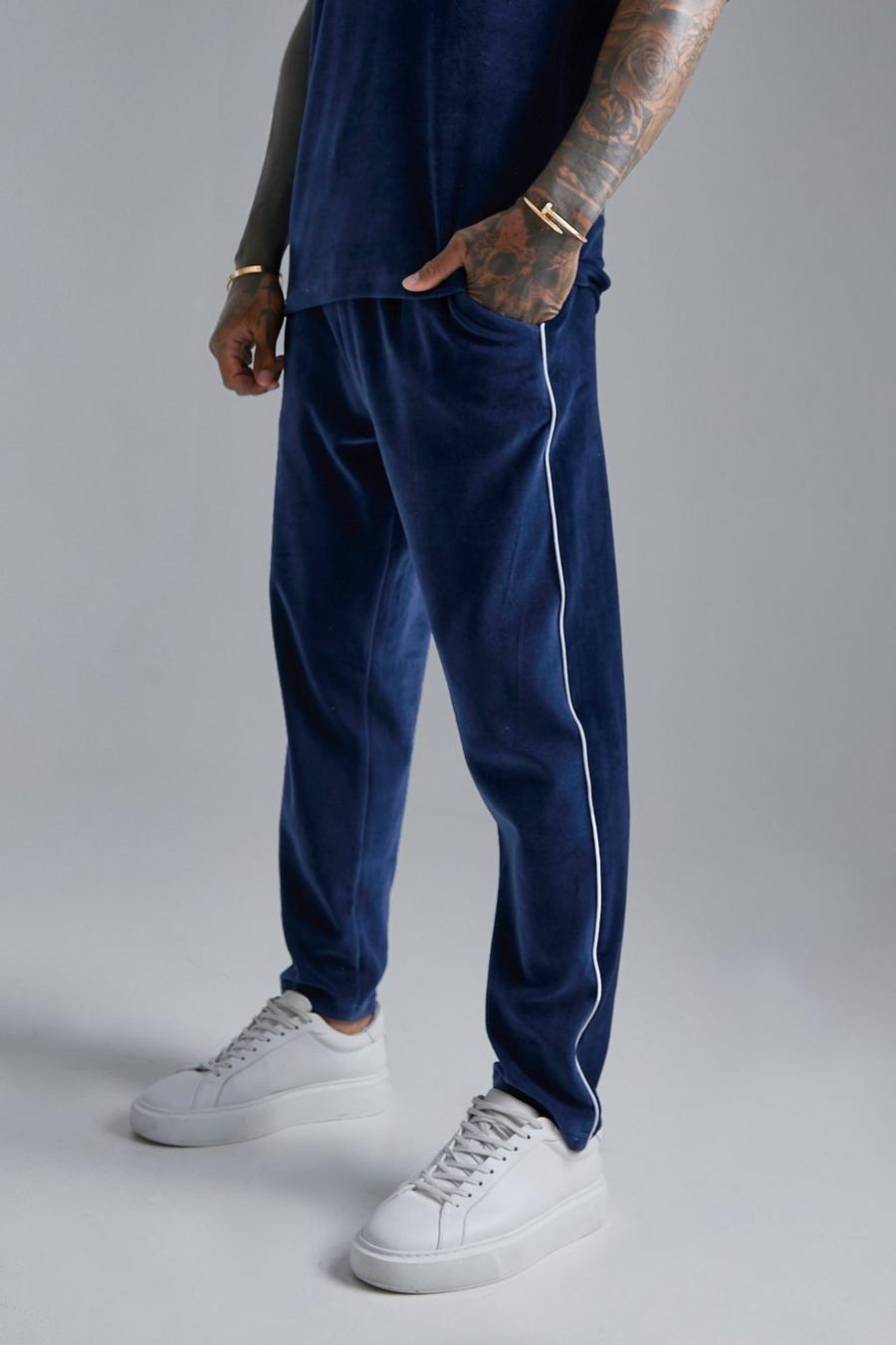 Navy Slim Fit Velour Piping Jogger