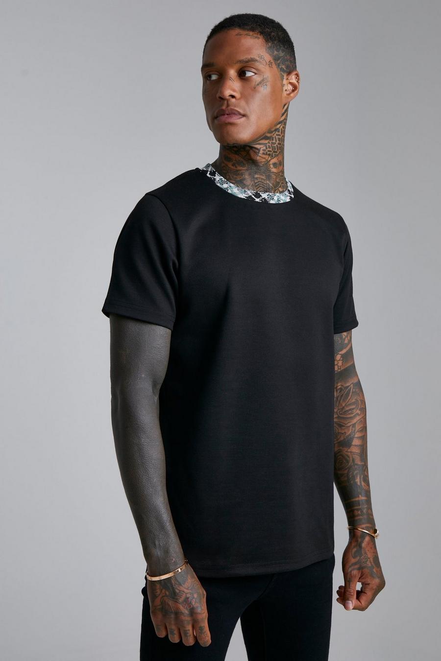 Black Slim Fit Jacquard Ringer T-shirt image number 1