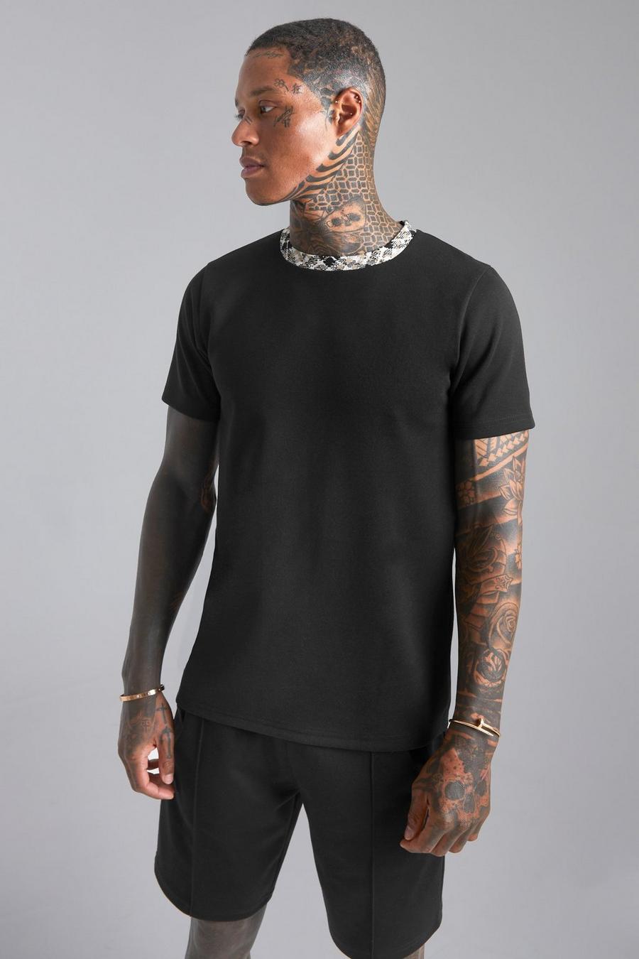 Black Slim Fit Jacquard Ringer T-shirt image number 1