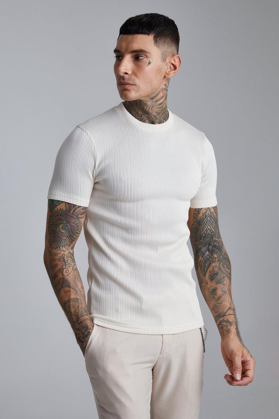 Ecru white Muscle Fit Ribbed T-shirt With Back Tape image number 1