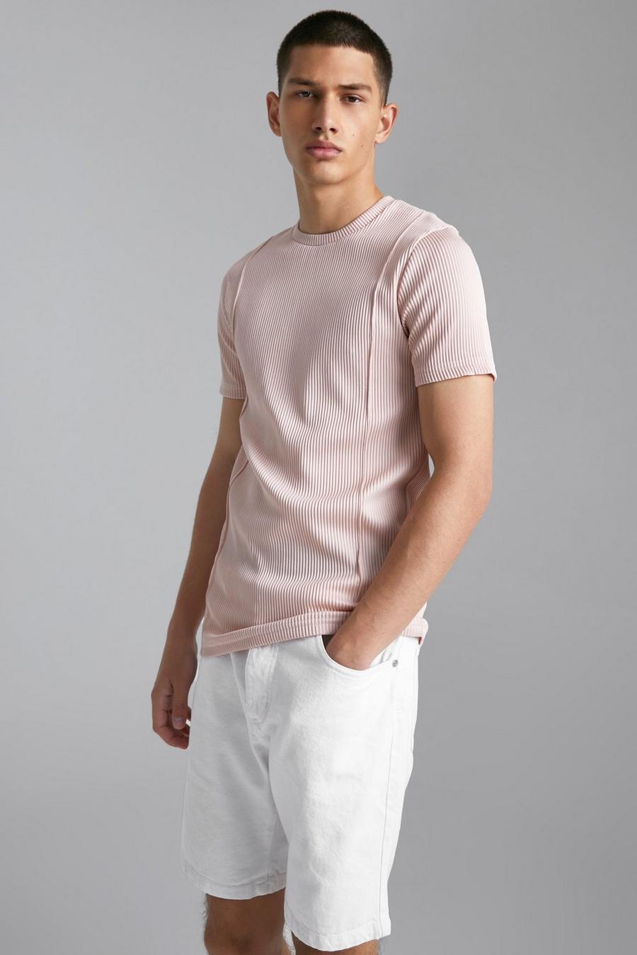 Light pink rosa Muscle Fit Pleated T-shirt With Back Tape image number 1