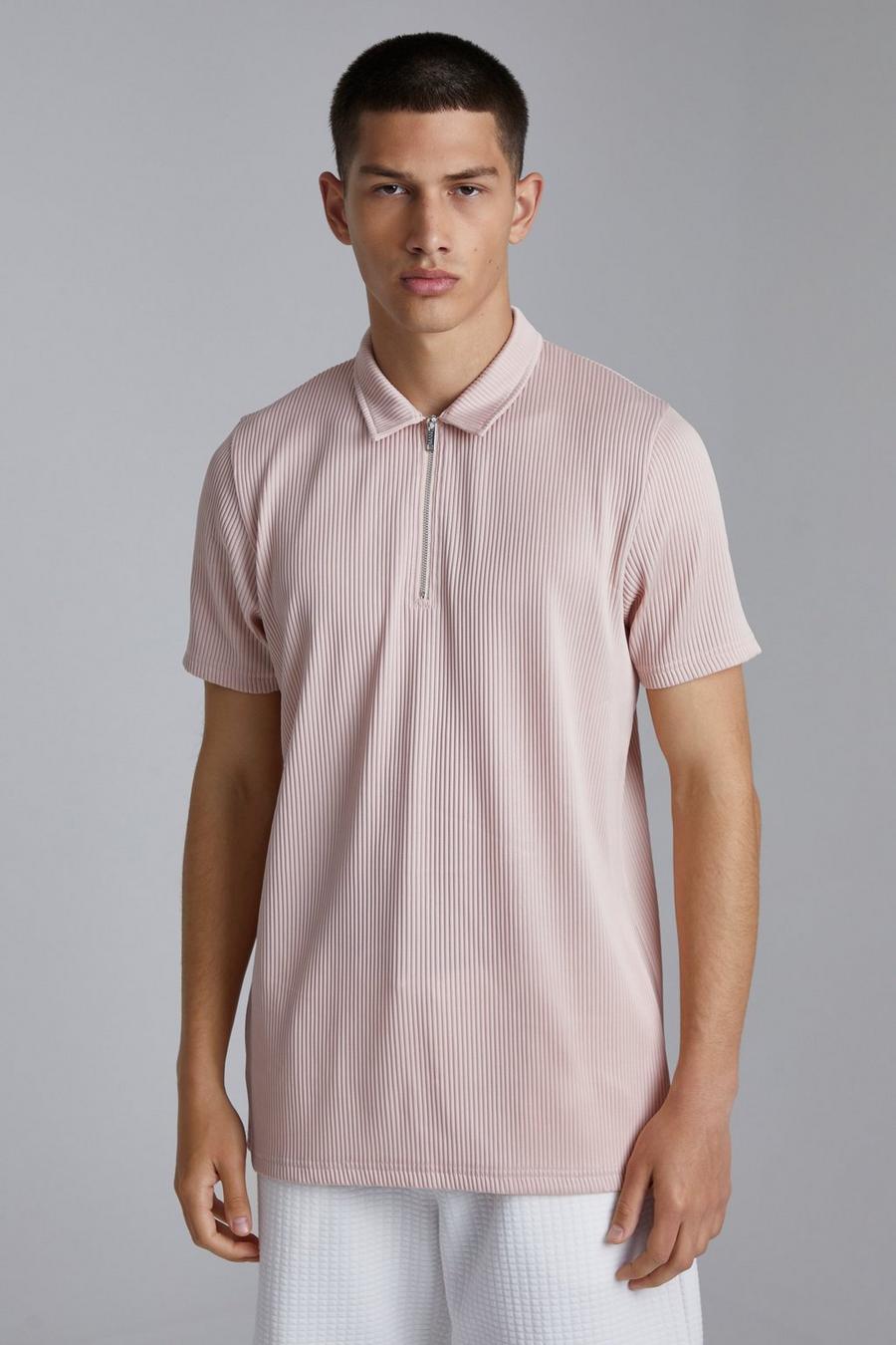 Light pink Slim Fit Pleated Zip Neck Polo image number 1