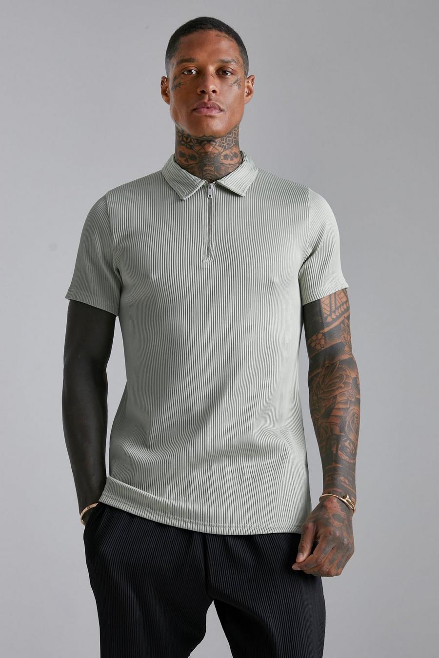 Geripptes Slim-Fit Poloshirt mit Reißverschluss, Sage green image number 1