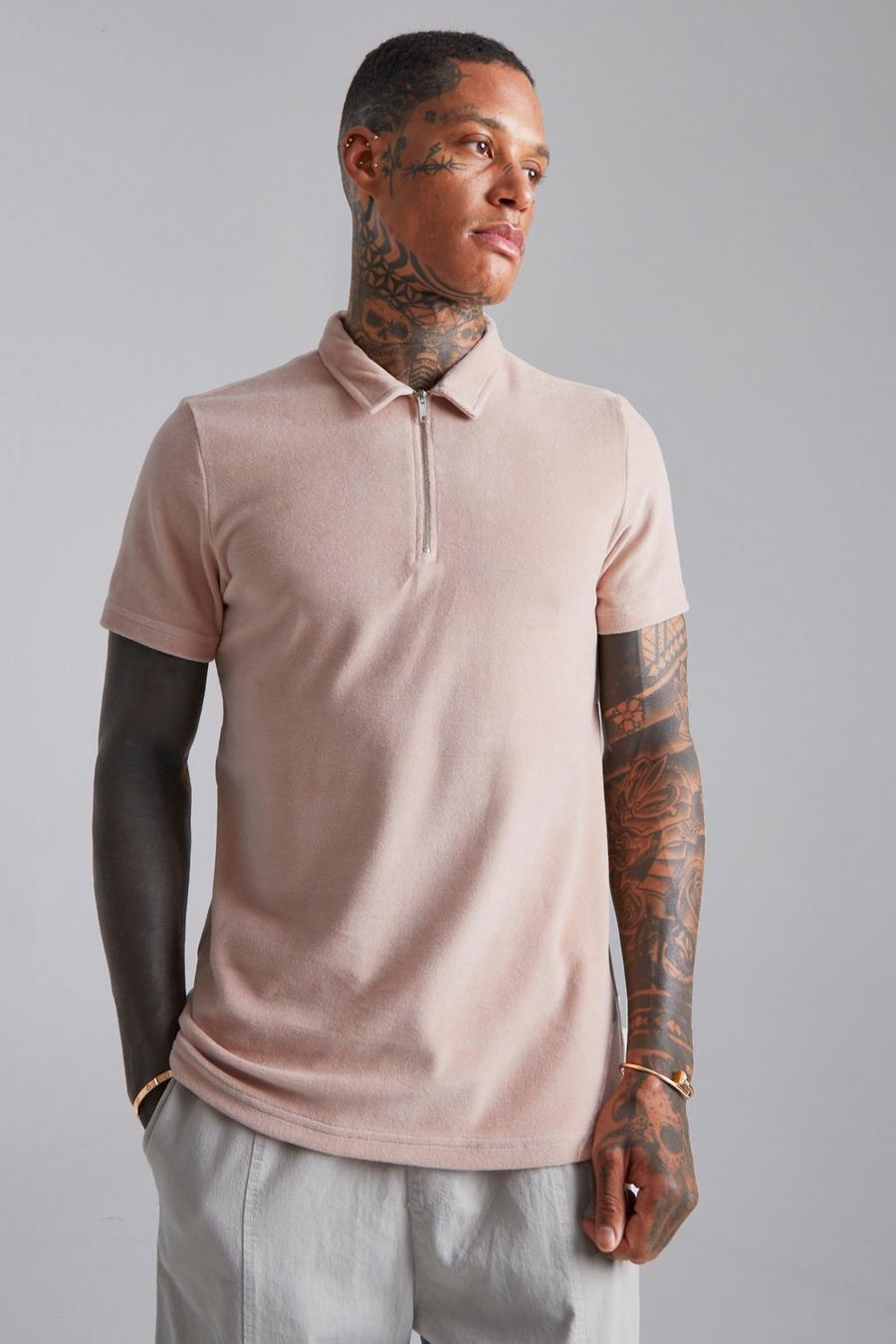 Light pink Velours Slim Fit Polo Met Hals Rits image number 1