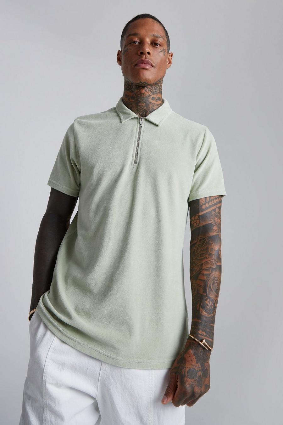 Sage green Velours Slim Fit Polo Met Hals Rits
