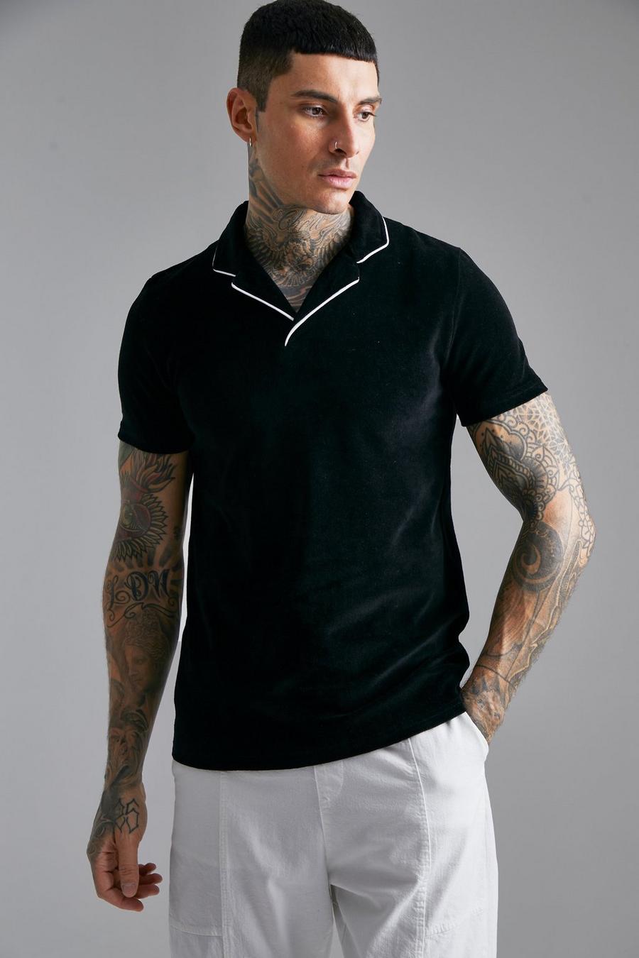 Black Slim Fit Velour Piping Polo image number 1