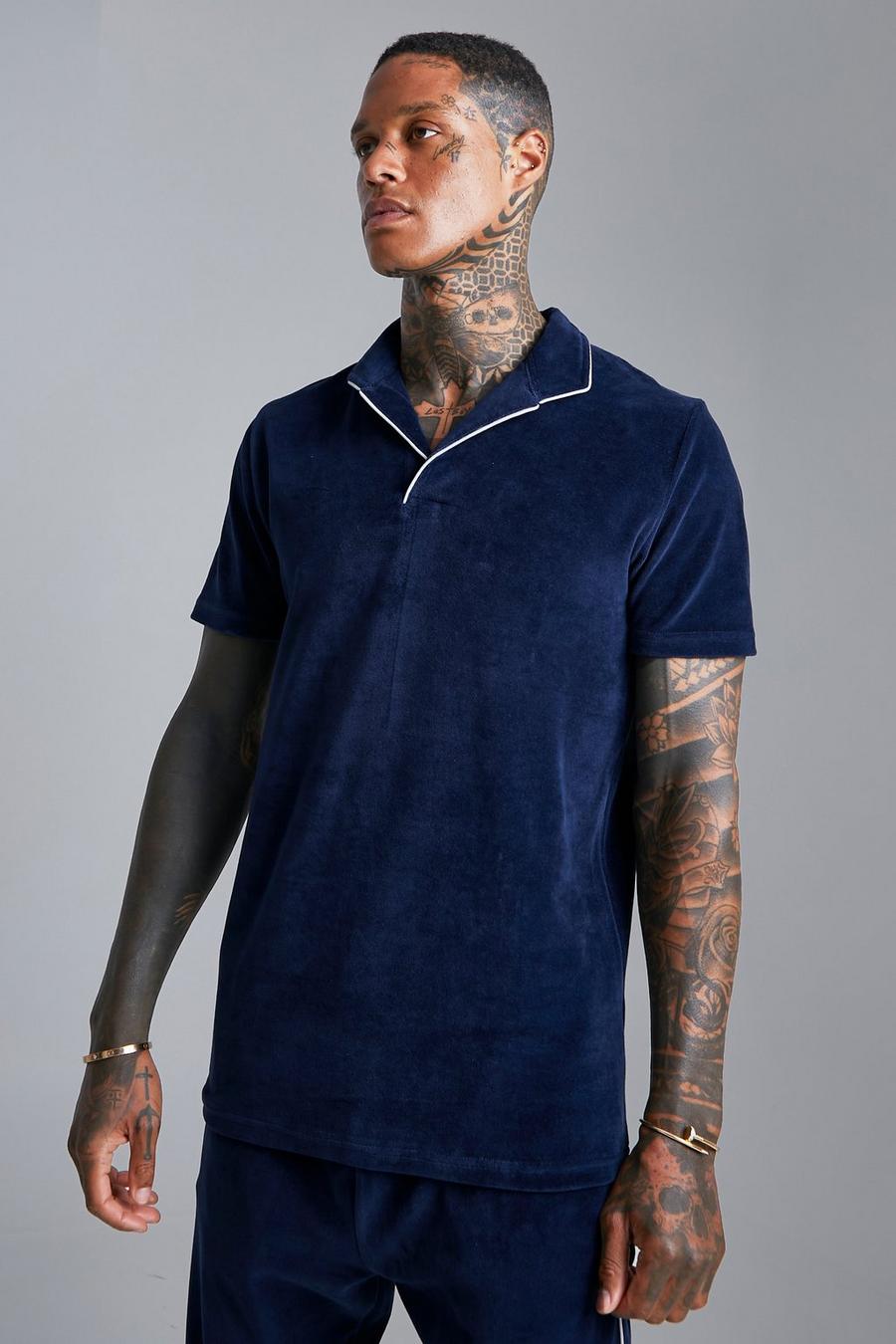Navy marinblå Slim Fit Velour Piping Polo image number 1