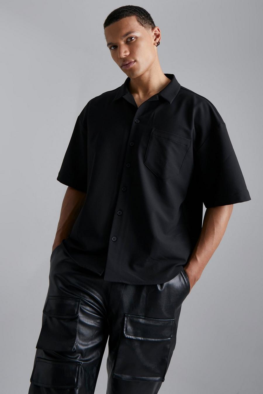 Black Tall Nylon 4 Way Stretch Boxy Fit Shirt image number 1