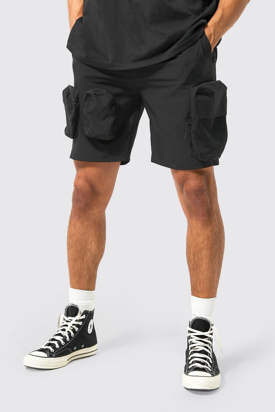 Black Stretch Regular Fit Tech Cargo Shorts image number 1