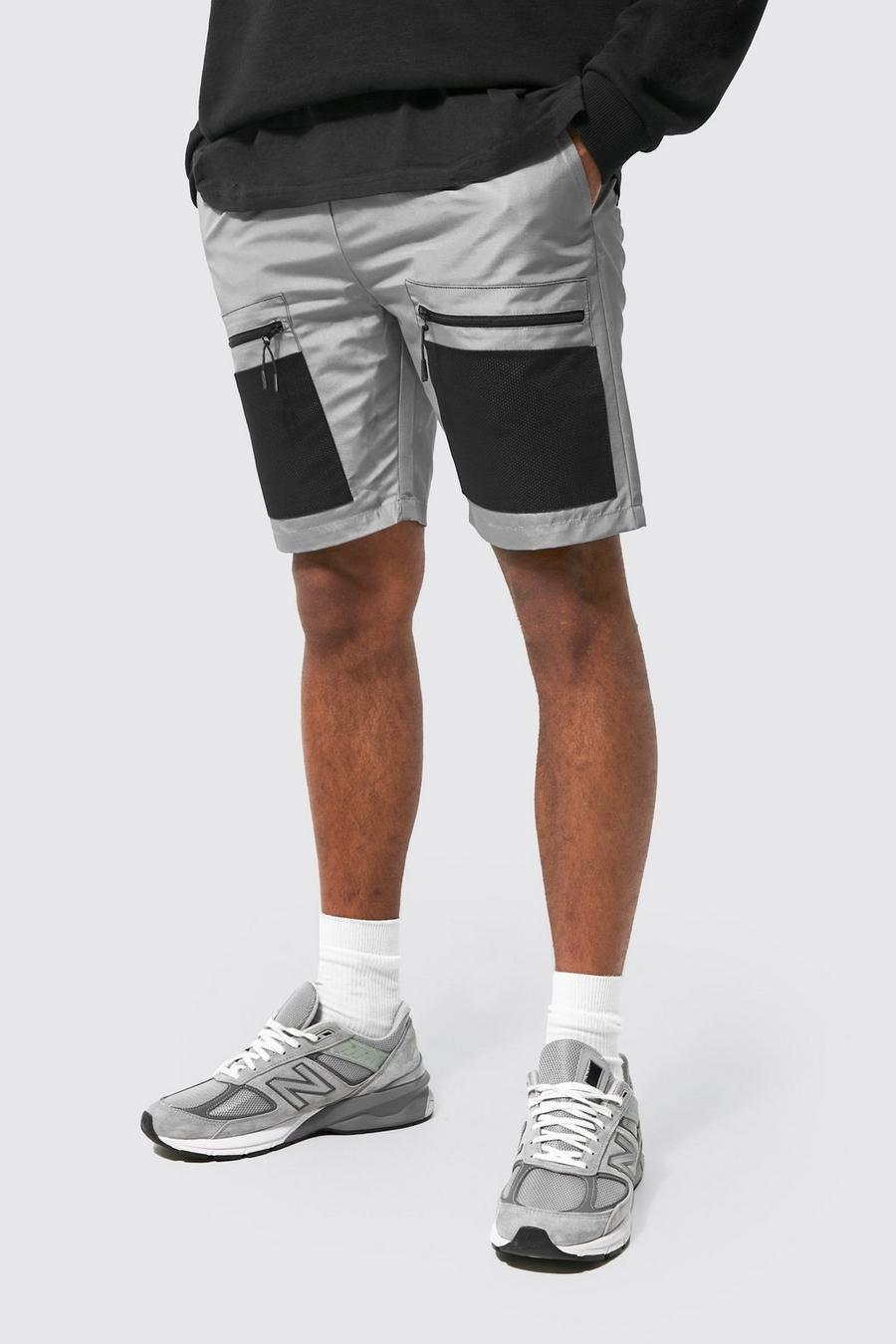 Grey Dikke Mesh Slim Fit Shorts Met Cargo Zakken image number 1
