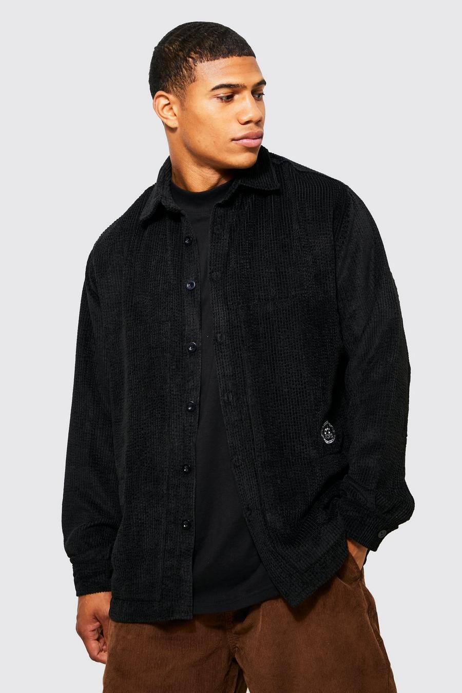 Camisa oversize de pana con panel de obrero, Black image number 1