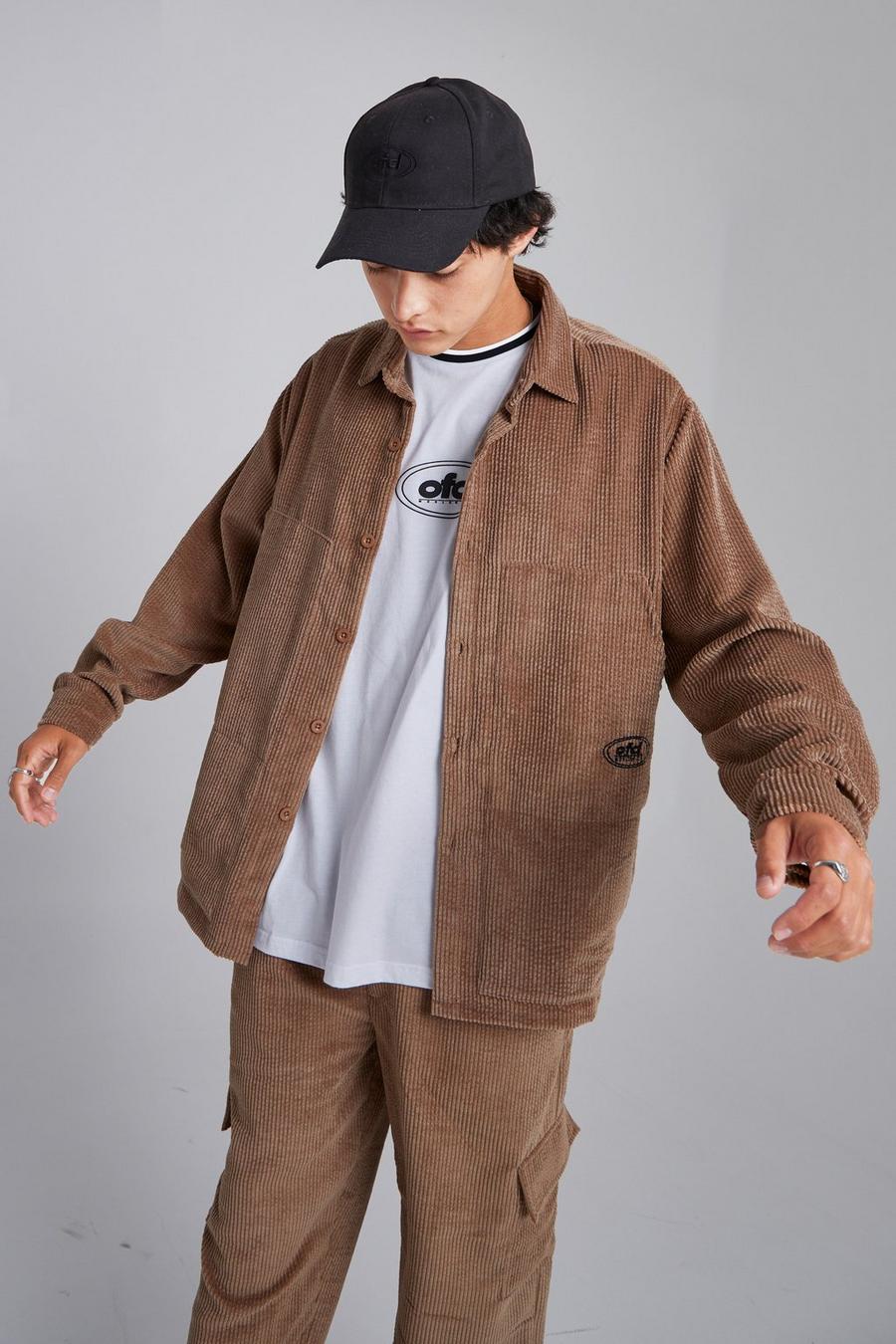 Stone Oversized Fit Cord Shirt With Worker Panel image number 1