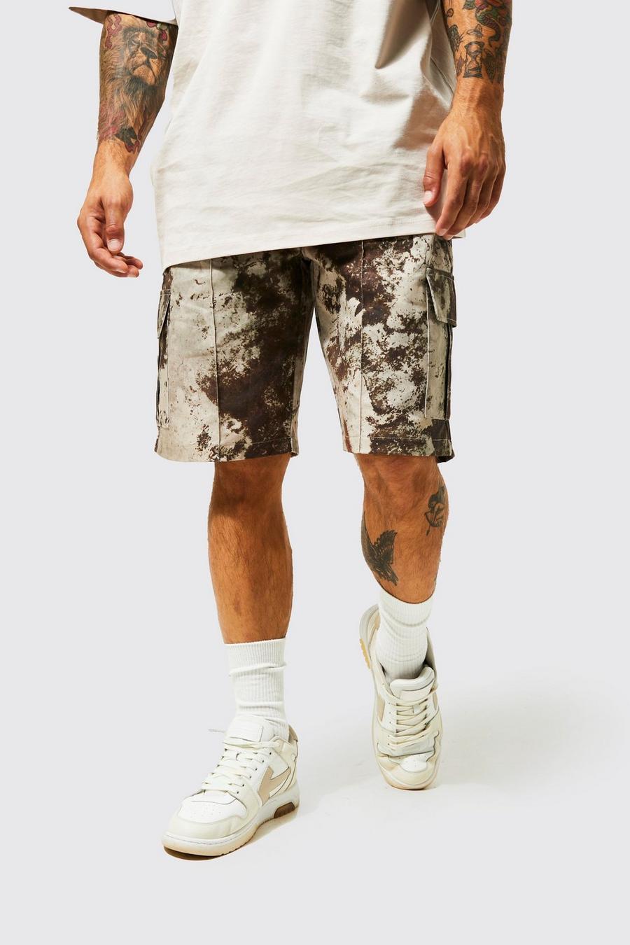 Stone Baggy Bruine Camouflage Print Cargo Shorts image number 1