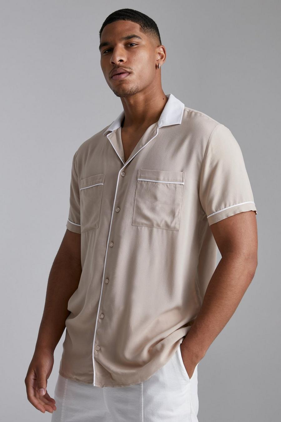 Taupe beige Tall Short Sleeve Contrast Piping Shirt