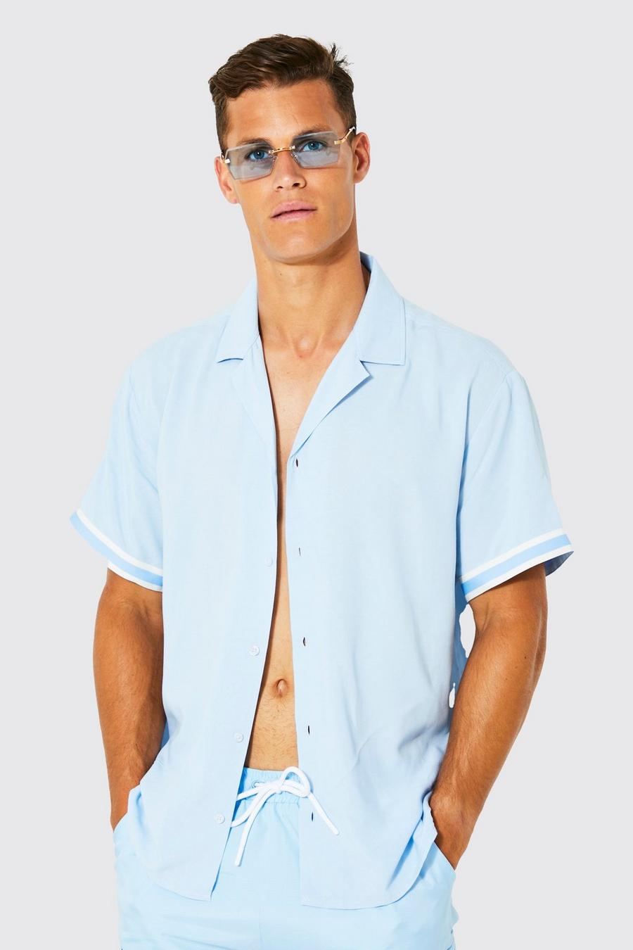 Camisa Tall elegante recta con solapas y cinta, Powder blue image number 1
