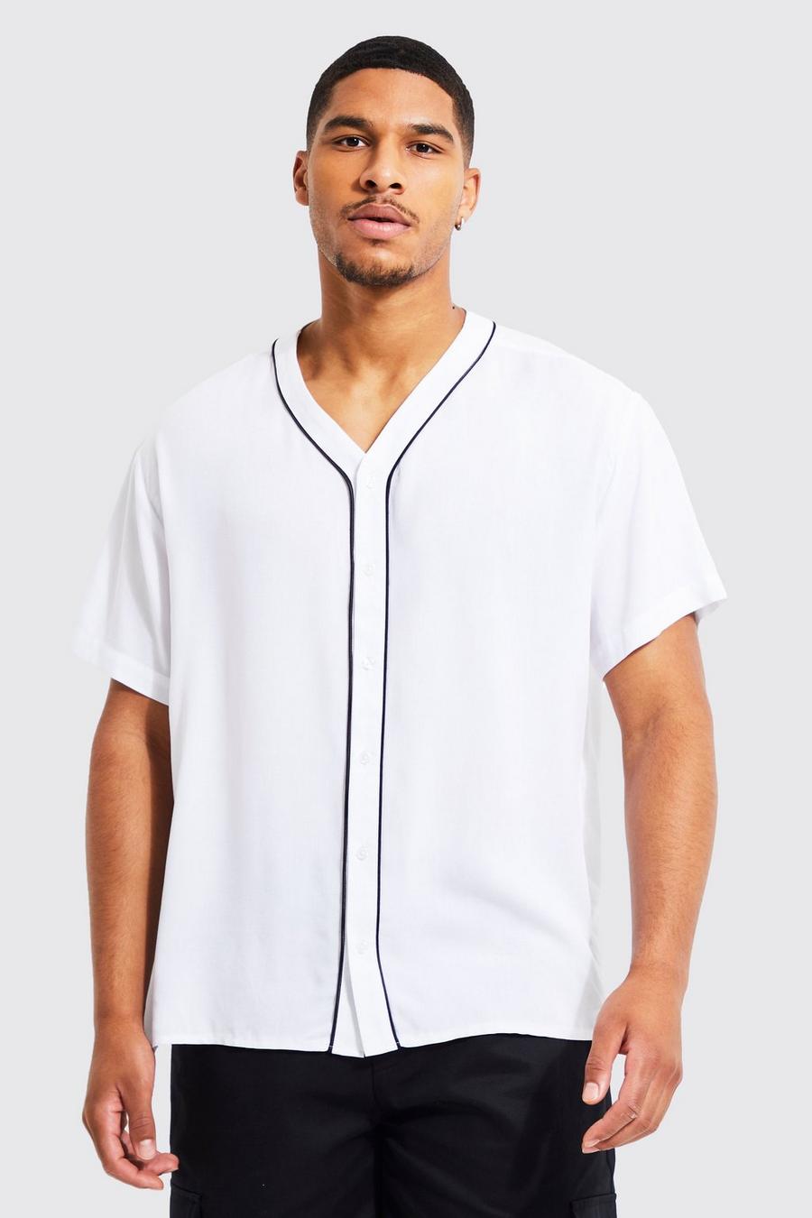 Tall kragenloses kastiges Baseball-Hemd, White image number 1