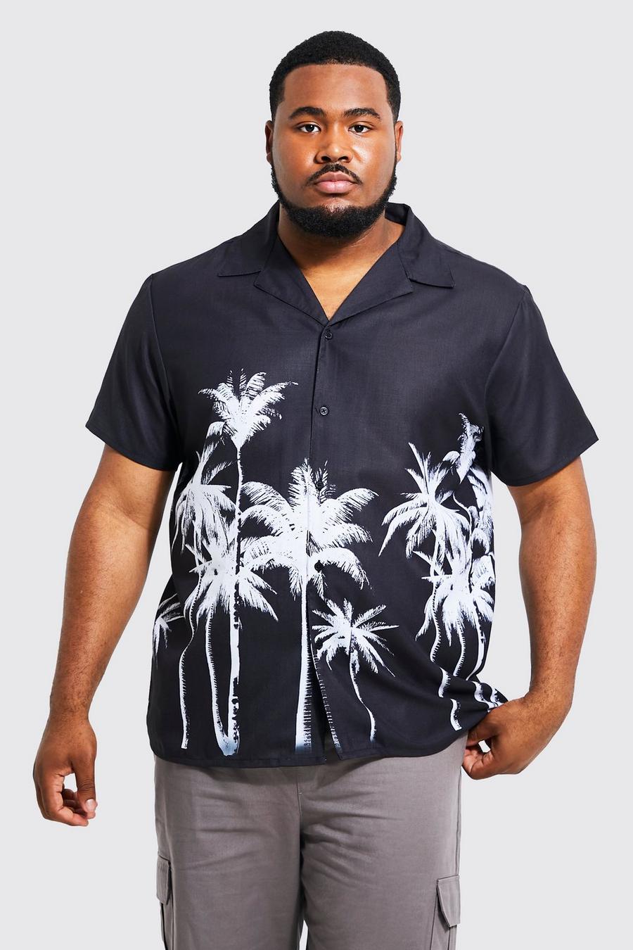 Camicia Plus Size in tessuto fiammato con stampa di palme, colletto e rever, Black nero