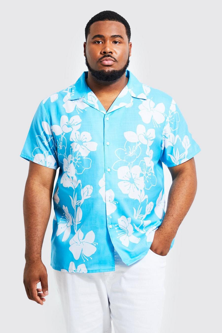 Camicia Plus Size con stampa a fiori, colletto e rever, Light blue image number 1