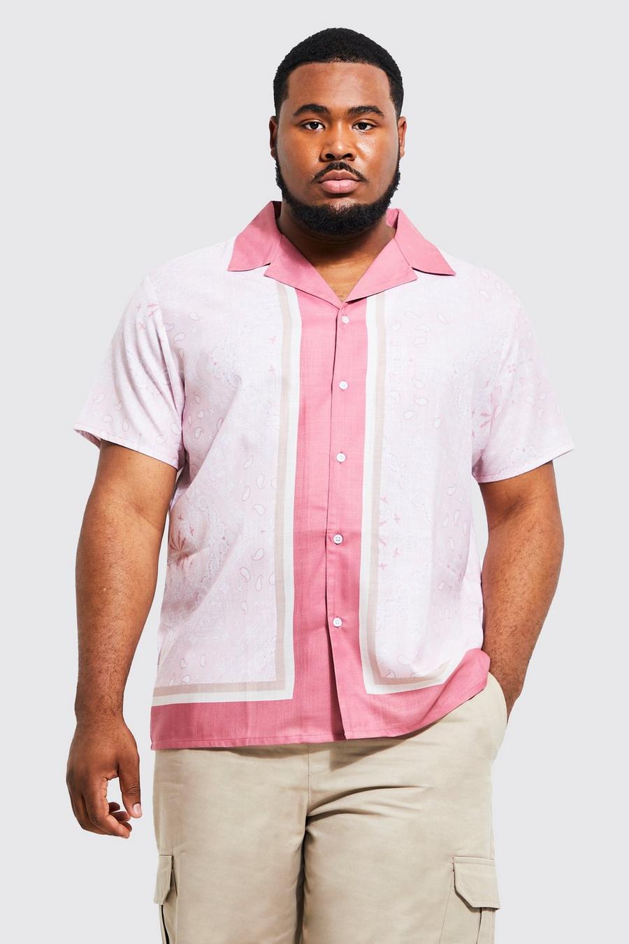 Camicia Plus Size in tessuto fiammato in fantasia a bandana con bordi, colletto e rever, Light pink rosa