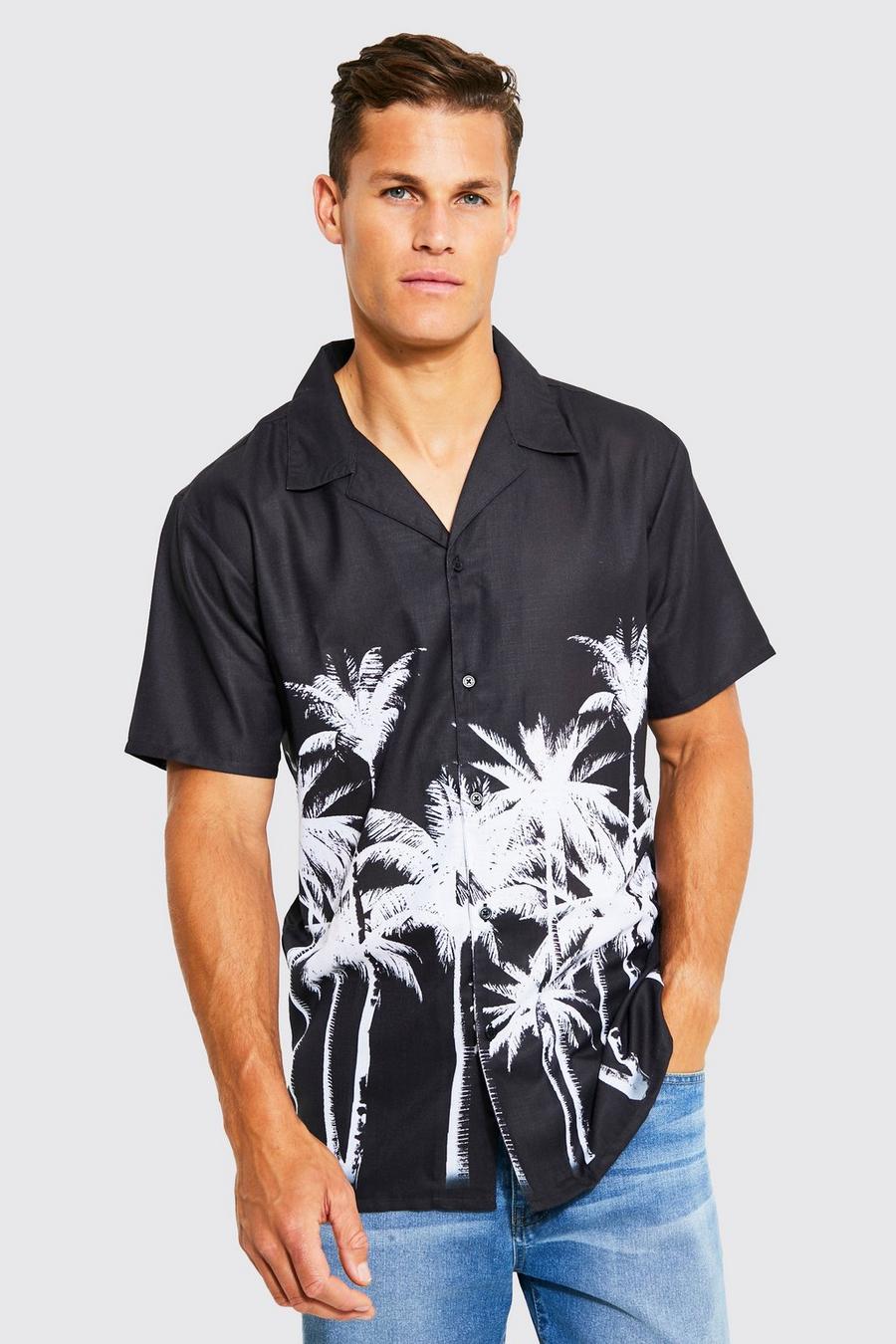 Black Tall Revere Collar Palm Print Slub Shirt image number 1