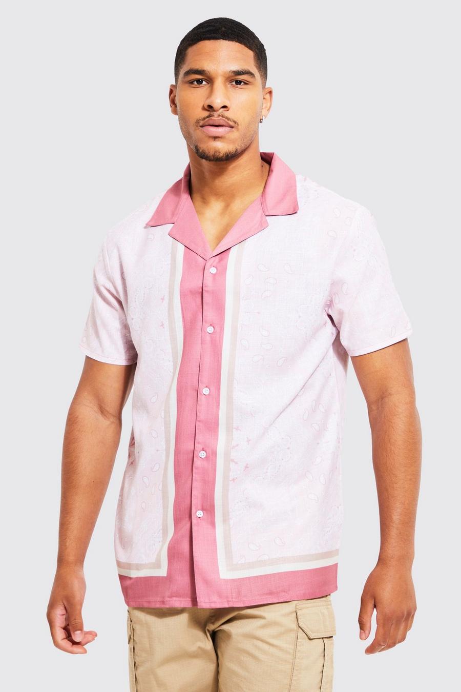 Light pink Tall Revere Collar Border Bandana Slub Shirt image number 1