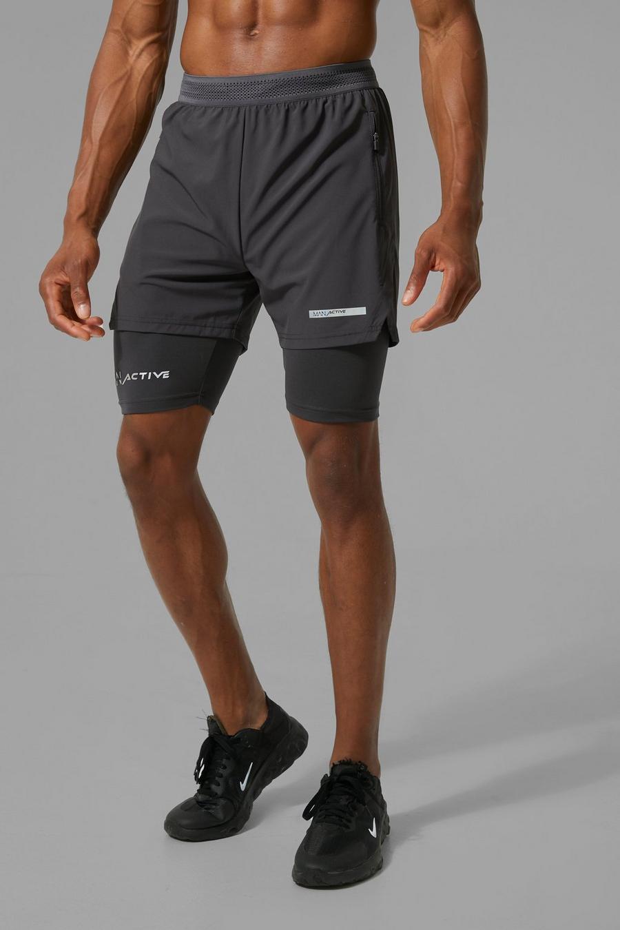 Pantaloncini Man Active 2 in 1 con stampa e spacco sul fondo, Charcoal grigio