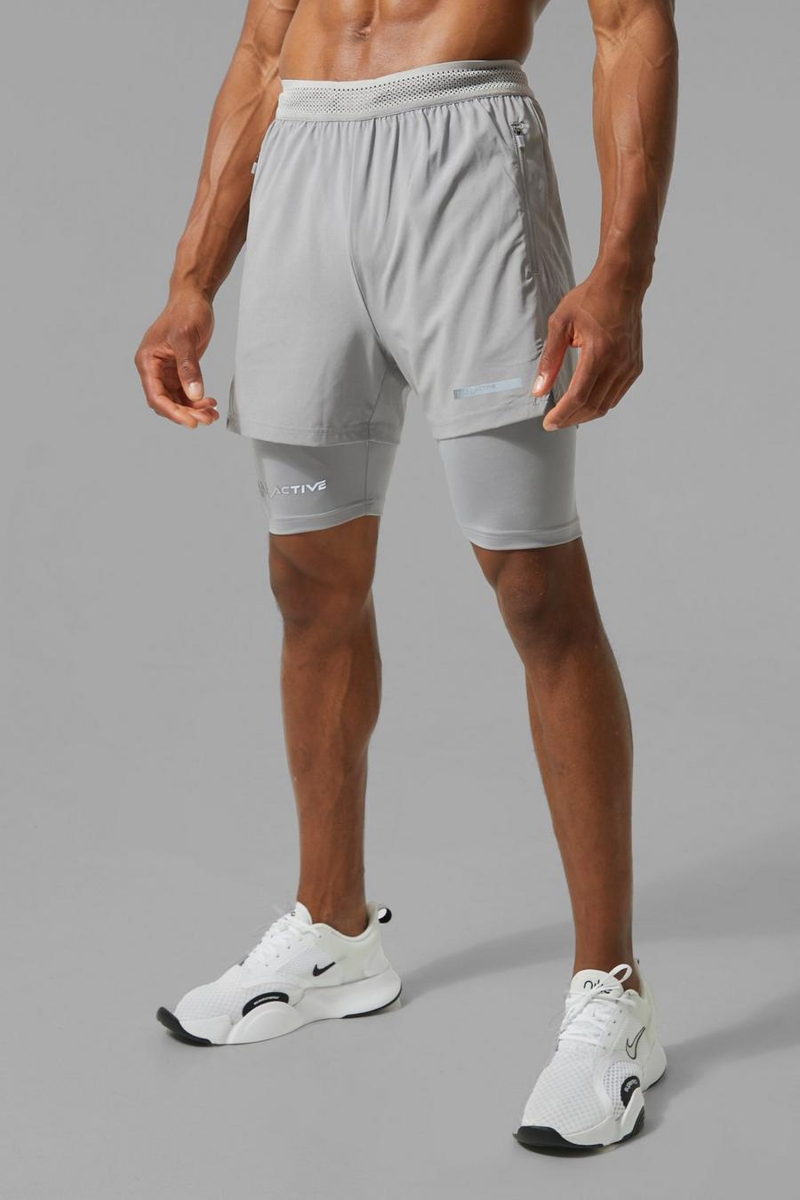 Pantaloncini Man Active 2 in 1 con stampa e spacco sul fondo, Grey grigio
