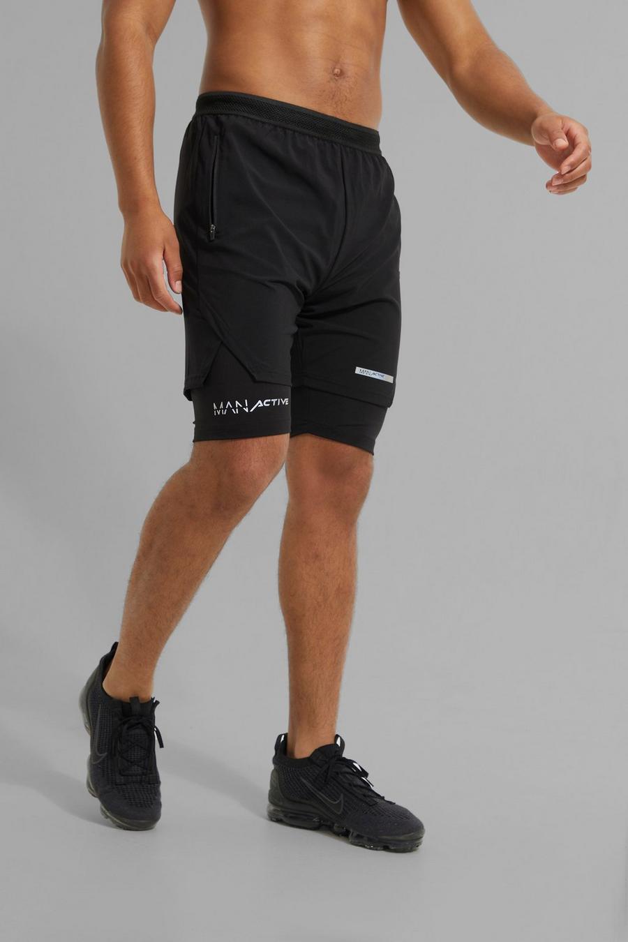 Black Tall MAN Active 2-i-1 Shorts med tryck image number 1