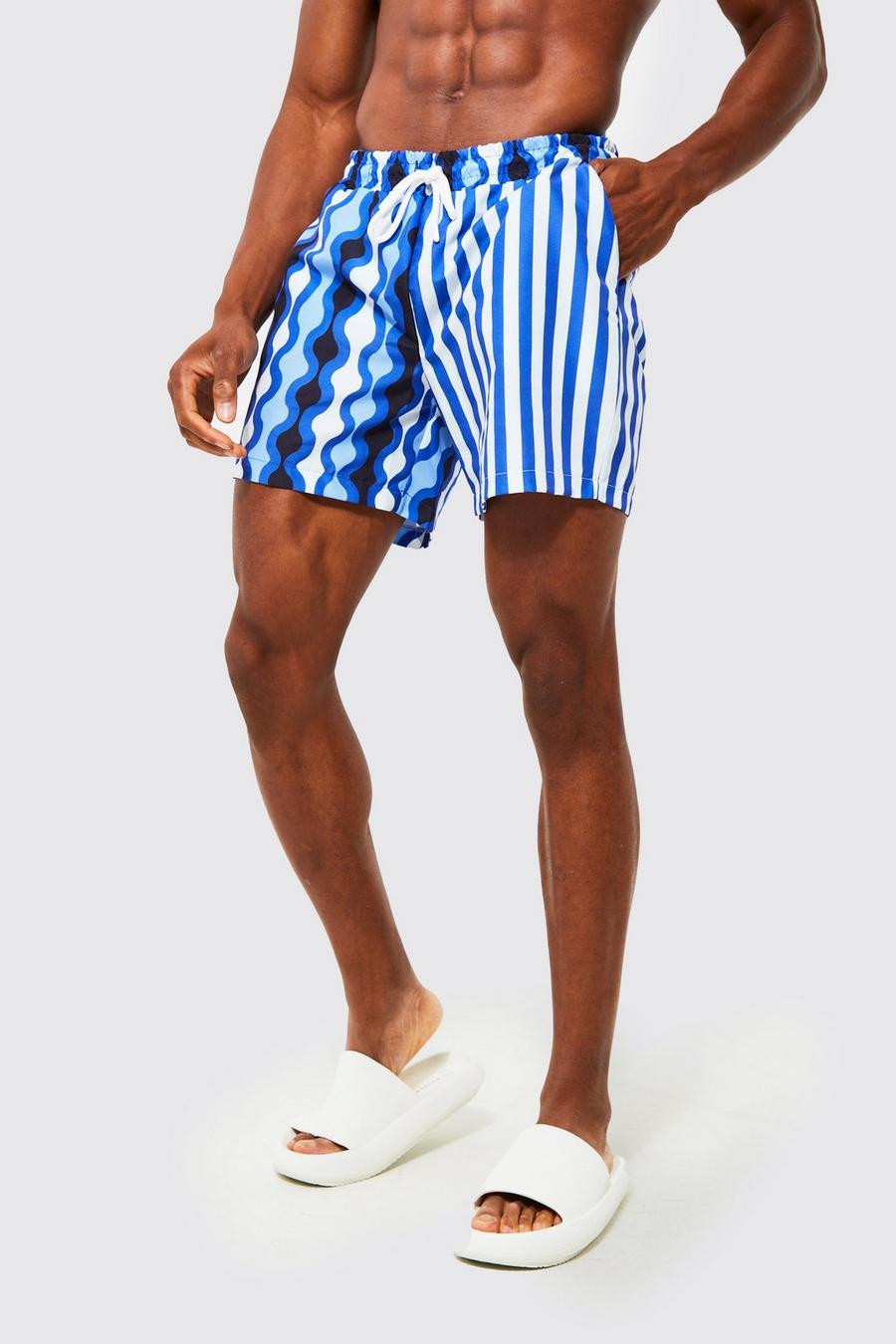 Blue Mid Striped Spliced Swim Shorts image number 1