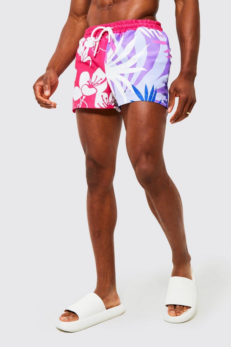Fuchsia Short Floral Spliced Swim Shorts image number 1
